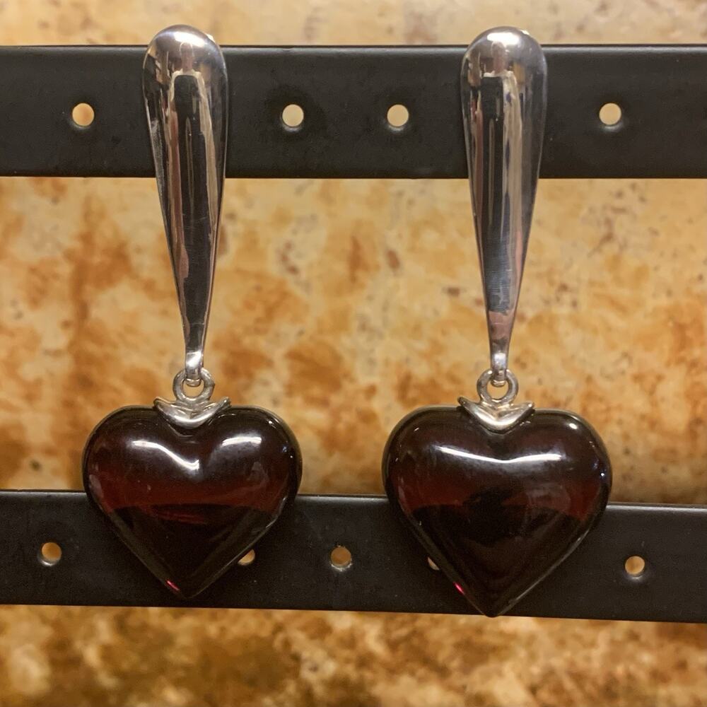 Sterling Silver and Deep Red Puffed Heart Earrings Vintage Dangle/Drop